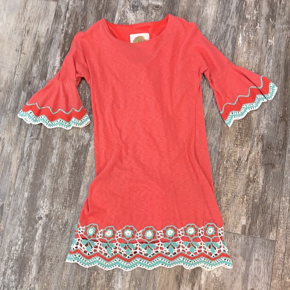Boutique Dress Coral color crochet trim size Small